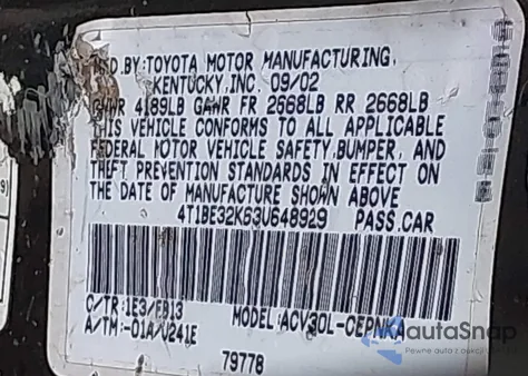 2003 Toyota Camry Le z USA, uszkodzony, nr VIN 4T1BE32K63U648929